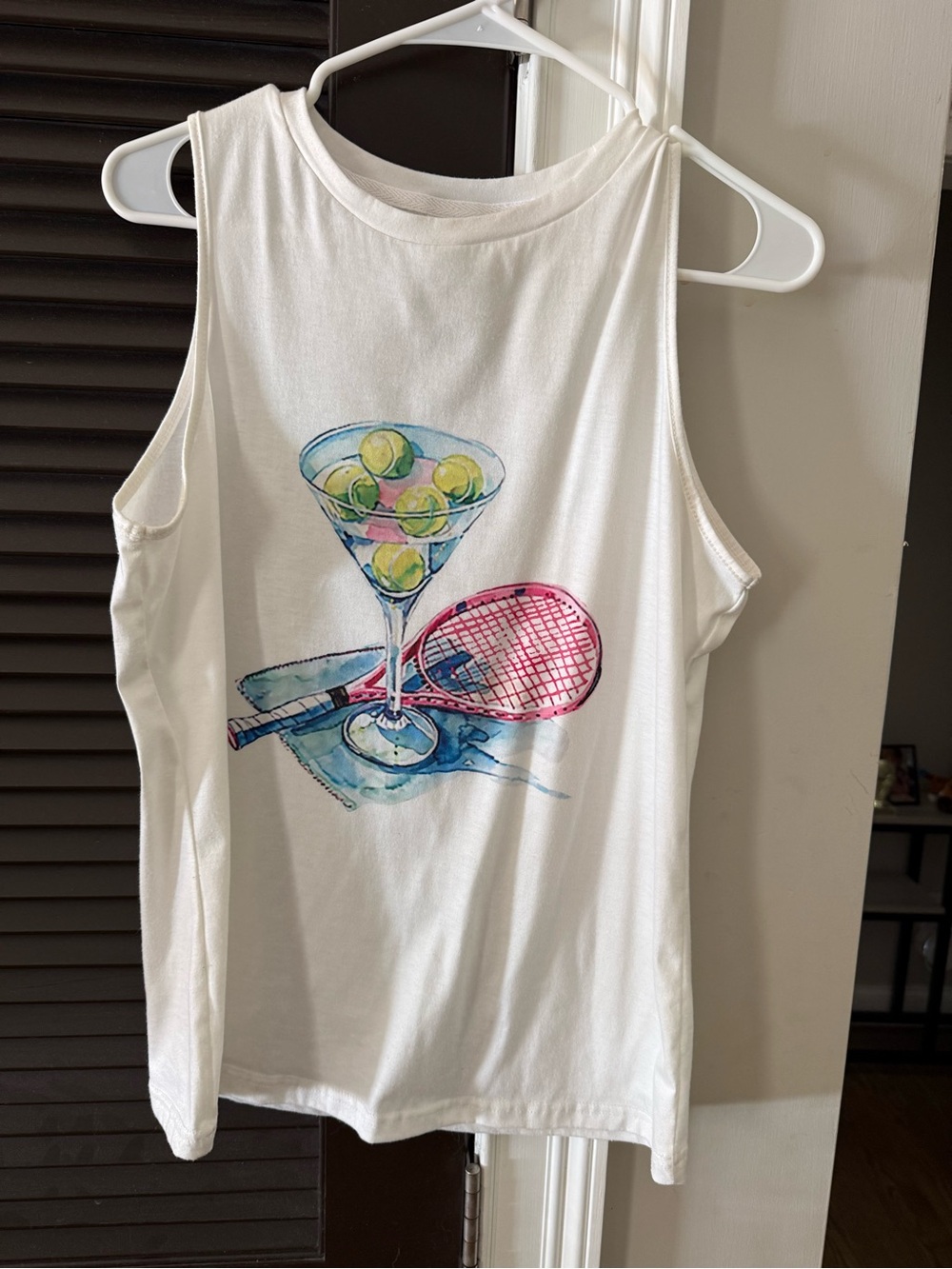 White Tennis Tank Top with martini glass and pink racket